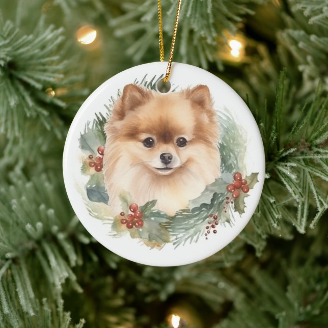Pomeranian Christmas Wreath Festive Pup Ceramic Tree Decoration (Tree)