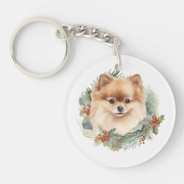Pomeranian Christmas Wreath Festive Pup Key Ring (Front)