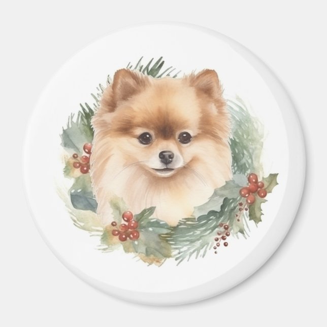 Pomeranian Christmas Wreath Festive Pup Magnet (Front)