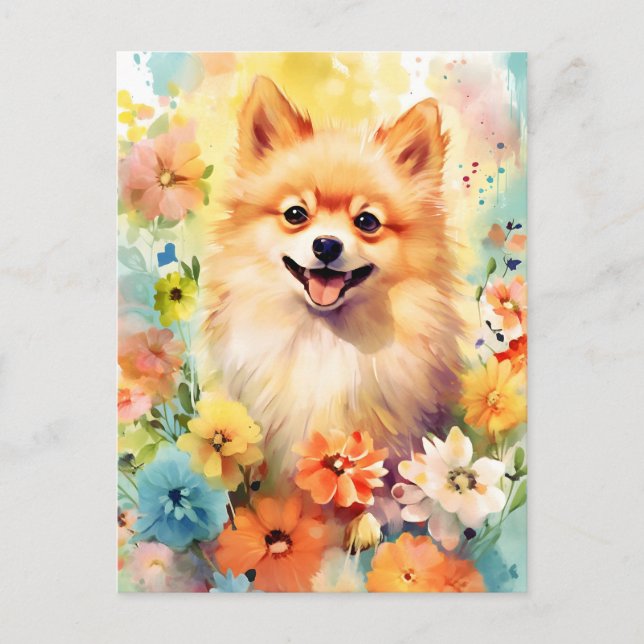 Pomeranian colourful watercolor artwork postcard (Front)