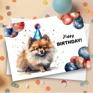 Pomeranian Dog Balloons and Party Hat Birthday Card