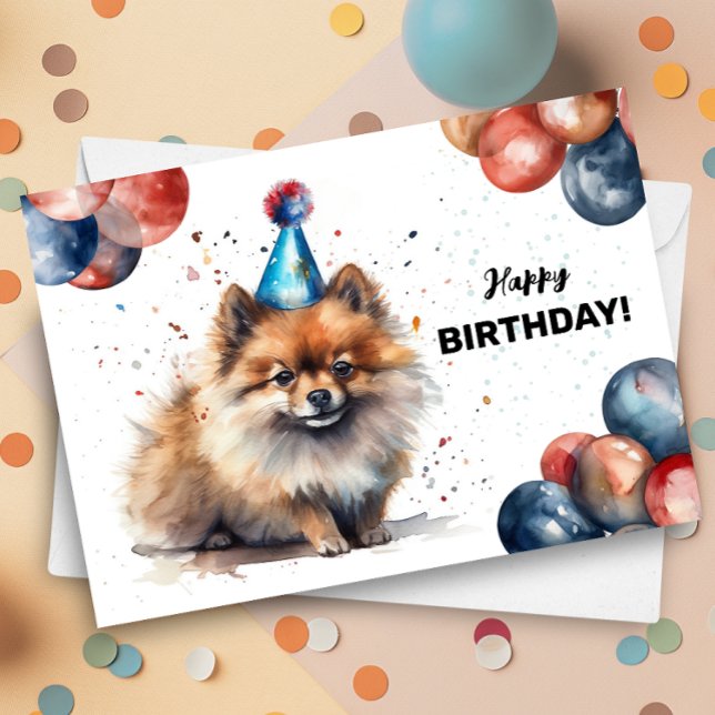 Pomeranian Dog Balloons and Party Hat Birthday Card (Creator Uploaded)