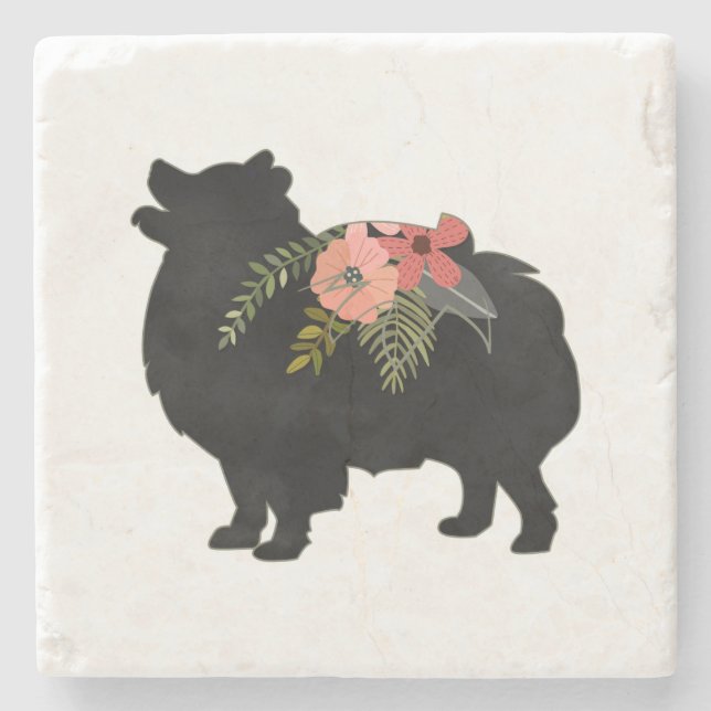 Pomeranian Dog Breed Boho Floral Silhouette Stone Coaster (Front)
