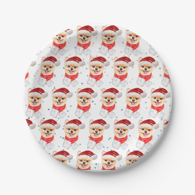 Pomeranian Dog Breed Christmas Stars Paper Plate (Front)