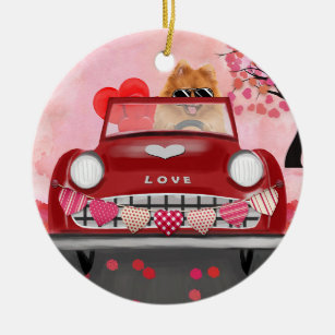 Pomeranian Dog Car with Hearts Valentine's  Ceramic Tree Decoration