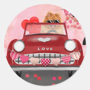 Pomeranian Dog Car with Hearts Valentine's  Classic Round Sticker