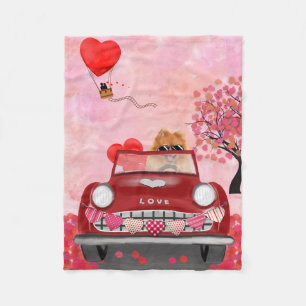 Pomeranian Dog Car with Hearts Valentine's  Fleece Blanket
