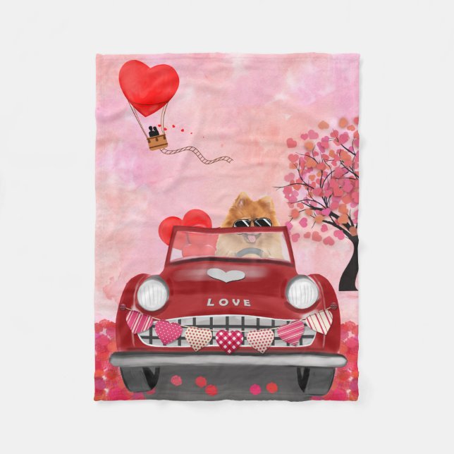 Pomeranian Dog Car with Hearts Valentine's  Fleece Blanket (Front)