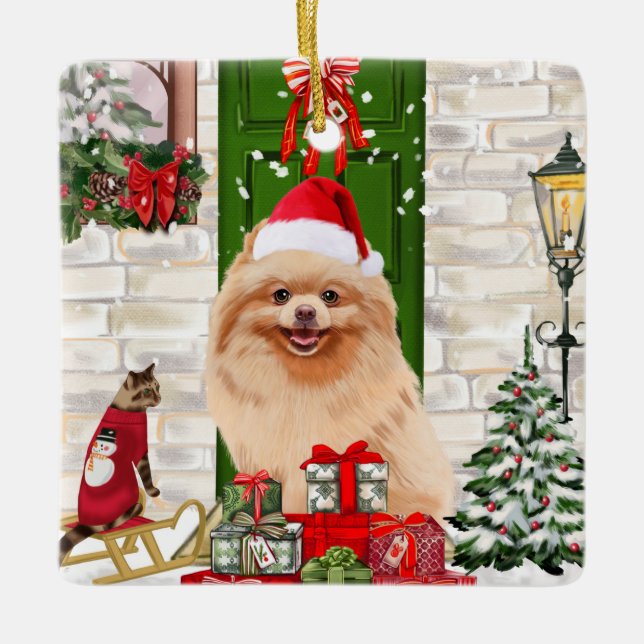 Pomeranian Dog Christmas   Ceramic Ornament (Front)