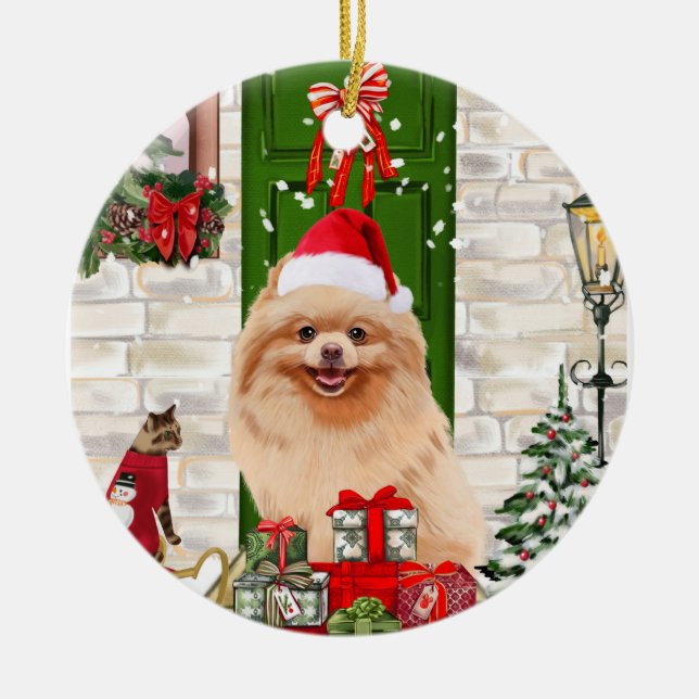 Pomeranian Dog Christmas   Ceramic Tree Decoration (Front)