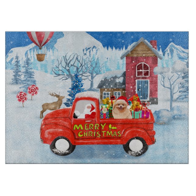 Pomeranian Dog Christmas Delivery Truck Snow Cutting Board (Front)