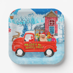 Pomeranian Dog Christmas Delivery Truck Snow Paper Plate