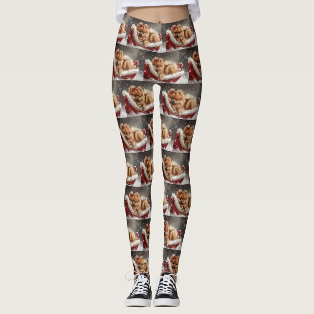 Pomeranian Dog Christmas Festive Leggings (Front)