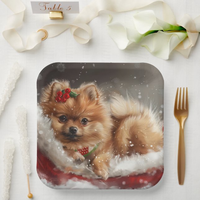 Pomeranian Dog Christmas Festive Paper Plate (Wedding)
