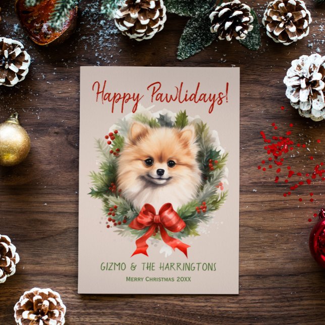 Pomeranian Dog Christmas Happy Pawlidays Howlidays Holiday Card (Creator Uploaded)