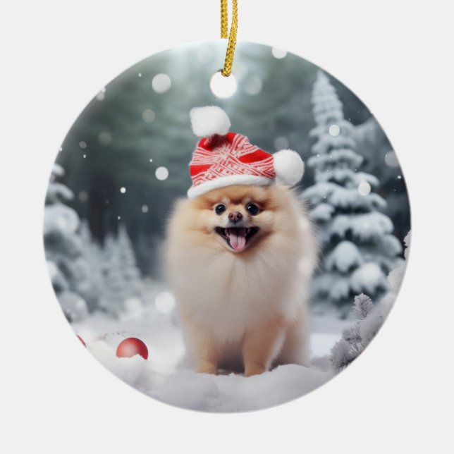 Pomeranian Dog Christmas Keepsake Ceramic Tree Decoration (Front)