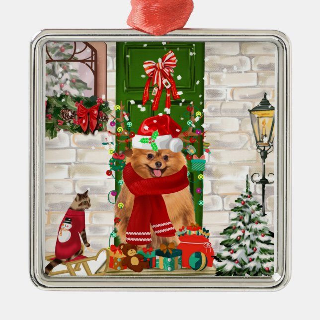Pomeranian Dog Christmas Metal Tree Decoration (Front)
