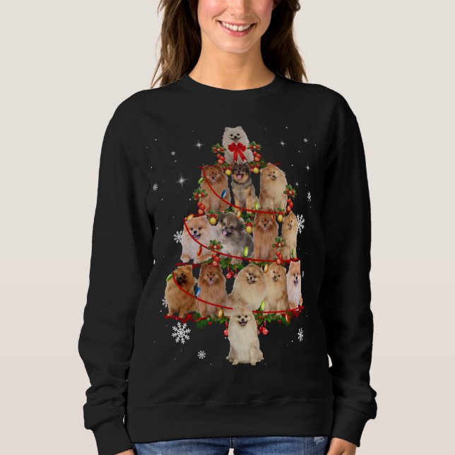 Pomeranian Dog Christmas Tree Lights Funny Dog Xma Sweatshirt (Front)