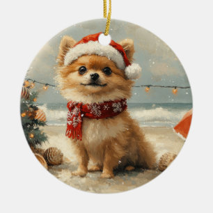 Pomeranian Dog Christmas Vintage Beach  Ceramic Tree Decoration