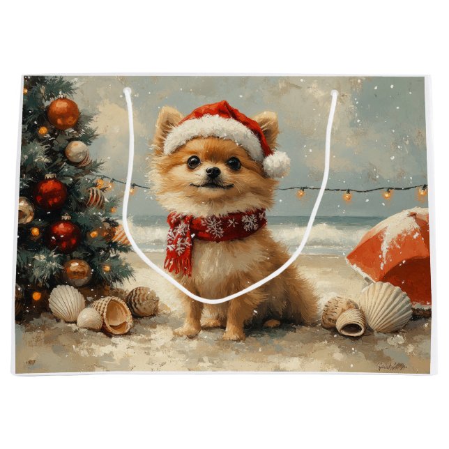 Pomeranian Dog Christmas Vintage Beach  Large Gift Bag (Front)