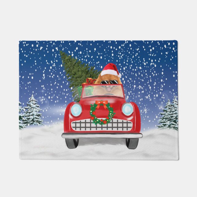 Pomeranian Dog Driving Car In Snow Christmas  Doormat (Front)