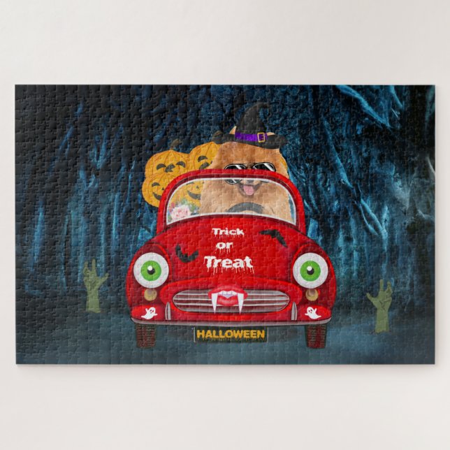 Pomeranian Dog Driving Car Scary Halloween Jigsaw Puzzle (Horizontal)
