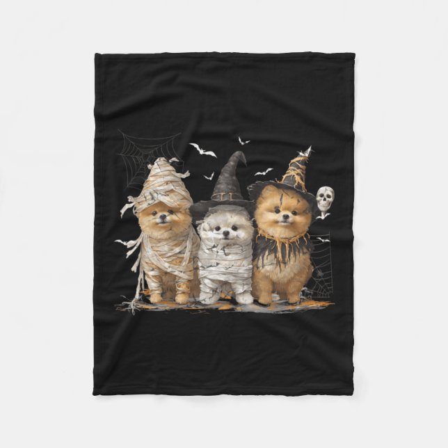 Pomeranian Dog Ed Ghost Halloween Fleece Blanket (Front)