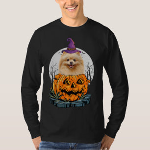 Pomeranian Dog Halloween Costume With Witch Hat An T-Shirt