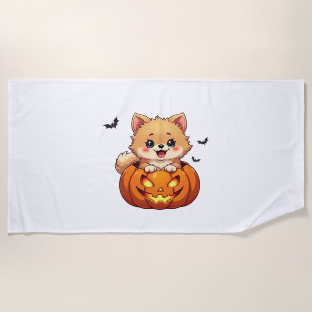 Pomeranian dog Happy Halloween pumpkin Classic T-S Beach Towel (Front)