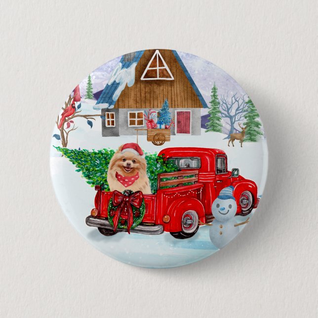 Pomeranian Dog In Christmas Delivery Truck Snow 6 Cm Round Badge (Front)