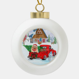 Pomeranian Dog In Christmas Delivery Truck Snow  Ceramic Ball Christmas Ornament
