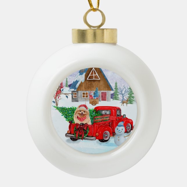 Pomeranian Dog In Christmas Delivery Truck Snow  Ceramic Ball Christmas Ornament (Front)