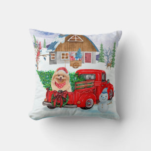 Pomeranian Dog In Christmas Delivery Truck Snow Cushion