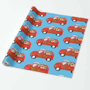 Pomeranian Dog in Christmas Delivery Truck Wrapping Paper