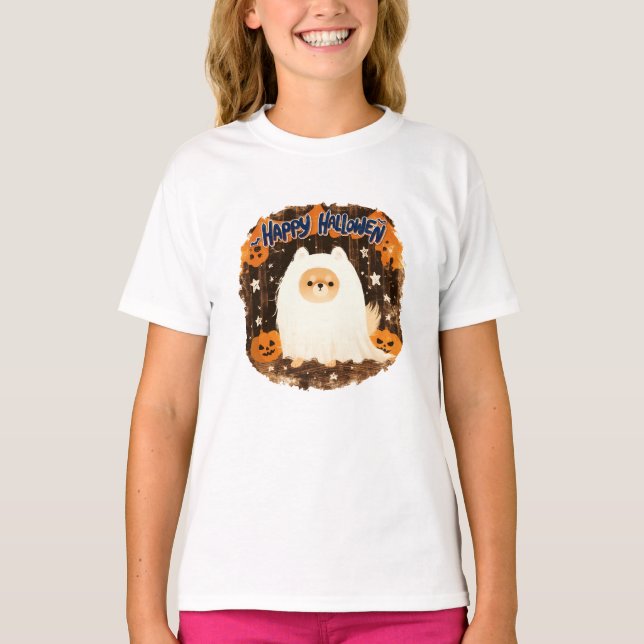 Pomeranian Dog in Ghost Costume – Happy Halloween T-Shirt (Front)