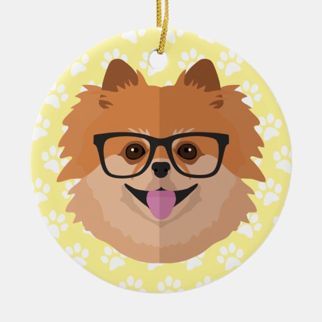 Pomeranian Dog In Nerd Glasses | Cute Hipster Gift Ceramic Tree Decoration (Front)