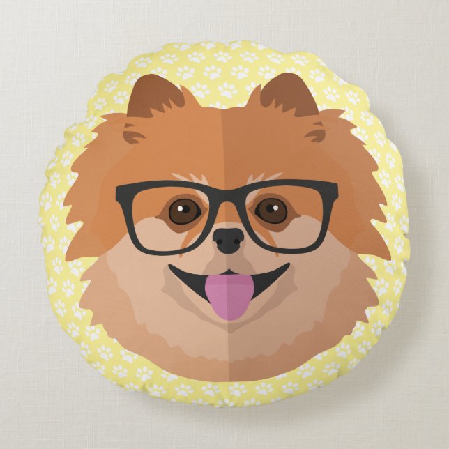 Pomeranian Dog In Nerd Glasses | Cute Hipster Gift Round Cushion (Front)