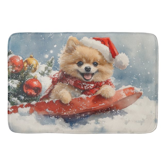 Pomeranian Dog in Sledge Let it Snow Christmas Bath Mat (Front)