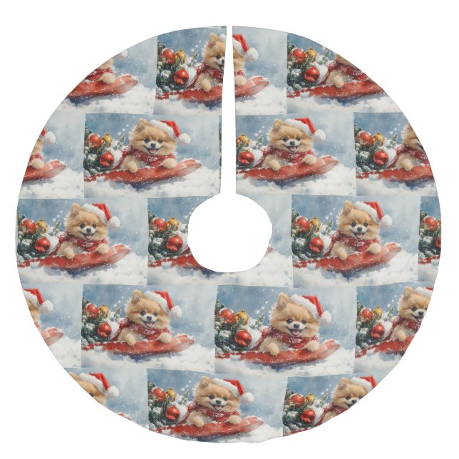 Pomeranian Dog in Sledge Let it Snow Christmas Brushed Polyester Tree Skirt (Front)