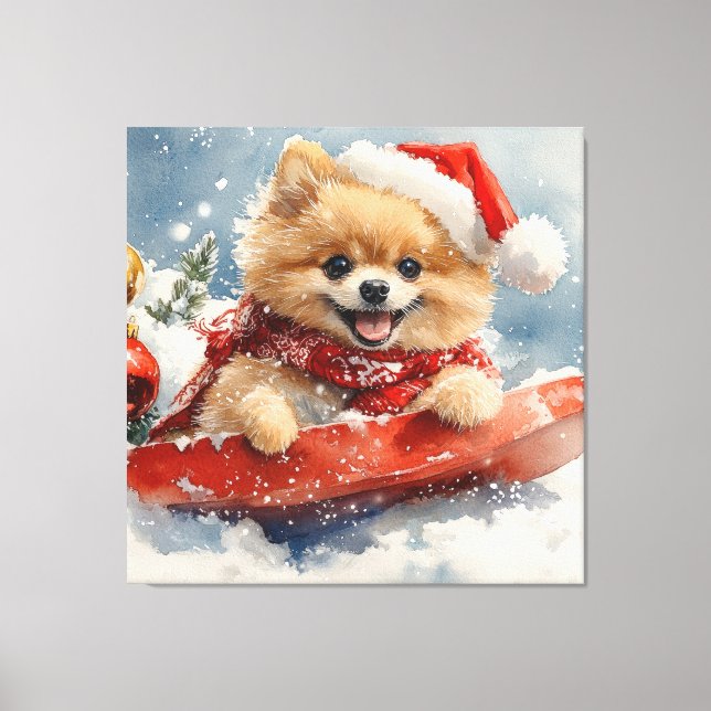 Pomeranian Dog in Sledge Let it Snow Christmas Canvas Print (Front)