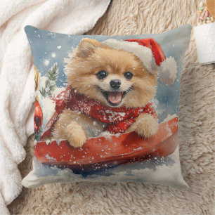 Pomeranian Dog in Sledge Let it Snow Christmas Cushion