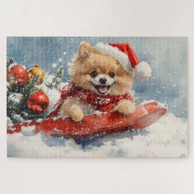 Pomeranian Dog in Sledge Let it Snow Christmas Jigsaw Puzzle (Horizontal)