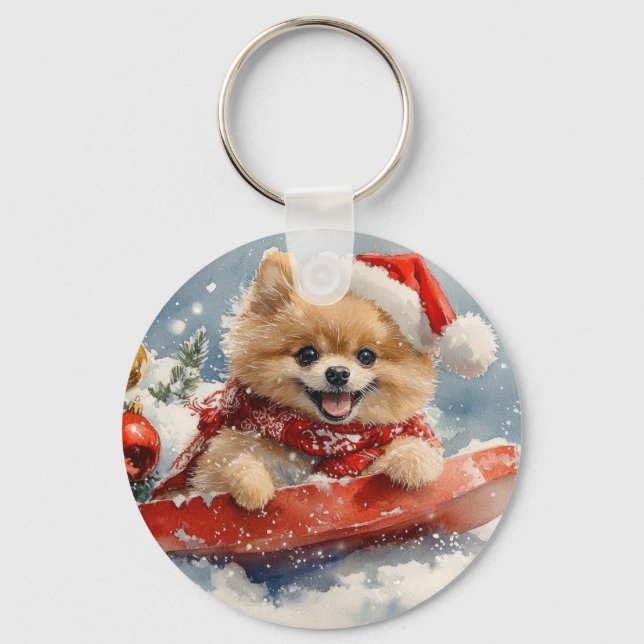 Pomeranian Dog in Sledge Let it Snow Christmas Key Ring (Front)