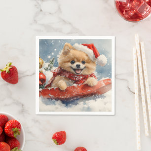 Pomeranian Dog in Sledge Let it Snow Christmas Napkin
