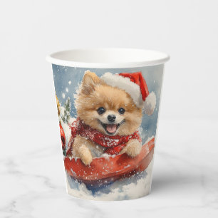 Pomeranian Dog in Sledge Let it Snow Christmas Paper Cups