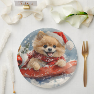 Pomeranian Dog in Sledge Let it Snow Christmas Paper Plate
