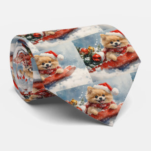 Pomeranian Dog in Sledge Let it Snow Christmas Tie