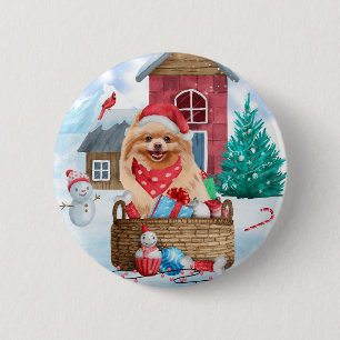 Pomeranian Dog In snow Christmas Dog House 6 Cm Round Badge