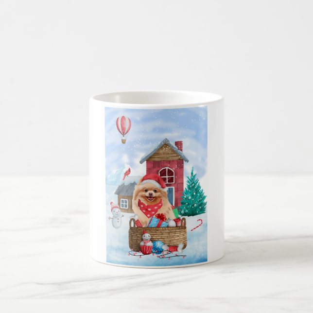 Pomeranian Dog In snow Christmas Dog House Coffee Mug (Center)