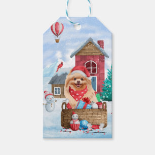 Pomeranian Dog In snow Christmas Dog House Gift Tags